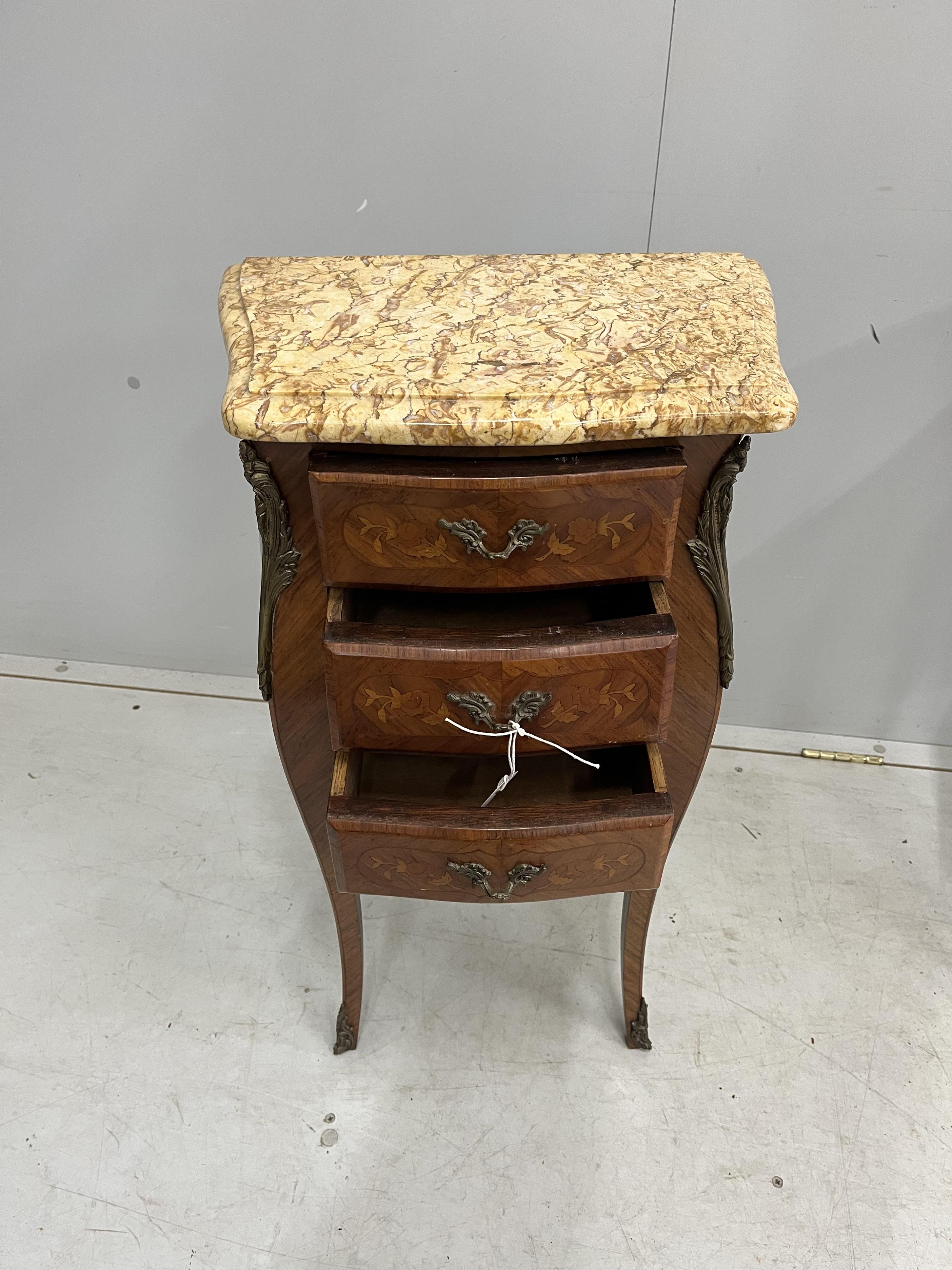A pair of Louis XVI style gilt metal mounted and marquetry inlaid marble topped three drawer bedside chests, width 42cm, depth 27cm, height 74cm. Condition - good